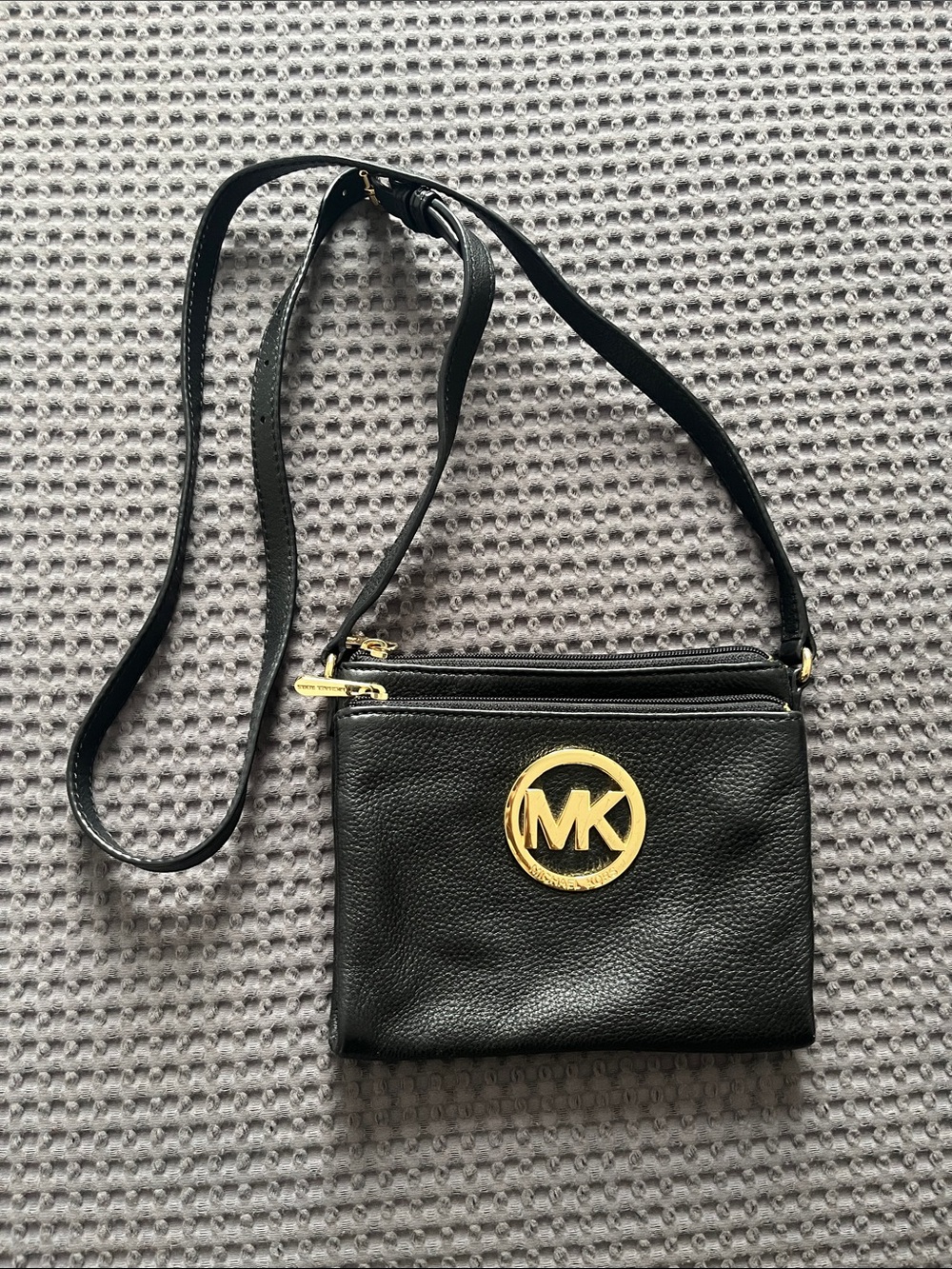 Michael Kors Black Leather Crossbody with Gold MK Emblem